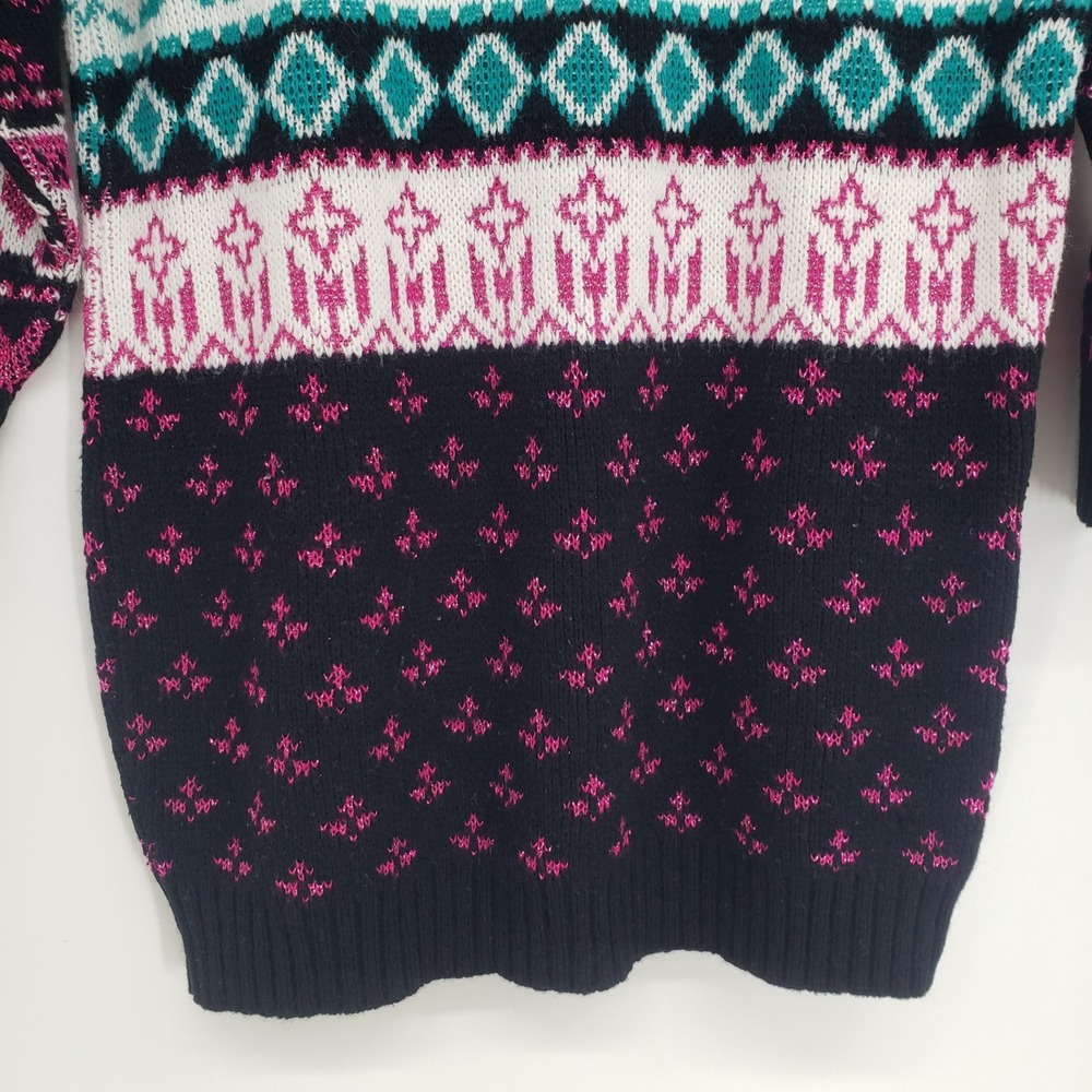 Vintage 90s Private Eyes Bear Heart Fair Isle Sweater Womens XS Black Pink Lurex - Picture 8 of 8